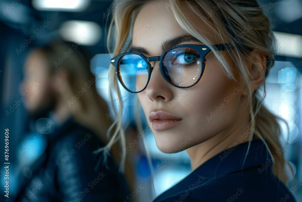 Beautiful people wearing stylish eyeglasses and a well-groomed beard examining holographic screens in a futuristic office setting enhanced by advanced AI technology. Beautiful people wearing stylish eyeglasses and a well-groomed beard examining holographic screens in a futuristic office setting enhanced by advanced AI technology.