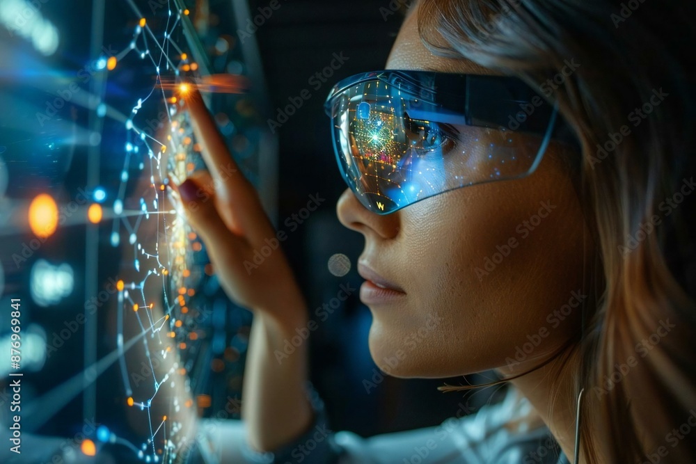 beautiful woman wearing sleek eyeglasses carefully navigates a holographic star map with a magnetic compass in a futuristic office setting. beautiful woman wearing sleek eyeglasses carefully navigates a holographic star map with a magnetic compass in a futuristic office setting.