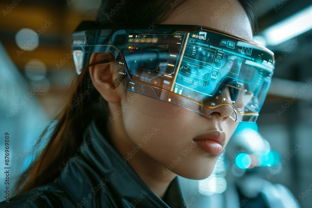 Person wearing augmented reality glasses using holographic screens to calculate invoices with the help of AI robots in a futuristic office setting. Person wearing augmented reality glasses using holographic screens to calculate invoices with the help of AI robots in a futuristic office setting.