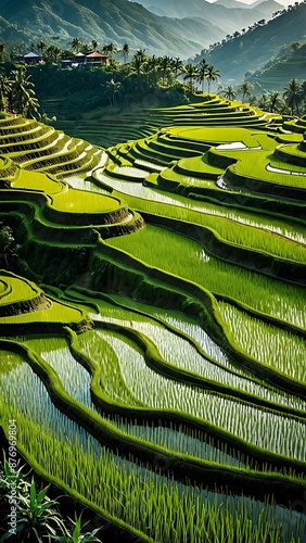 Lush green rice terraces cascading down a mountainside.