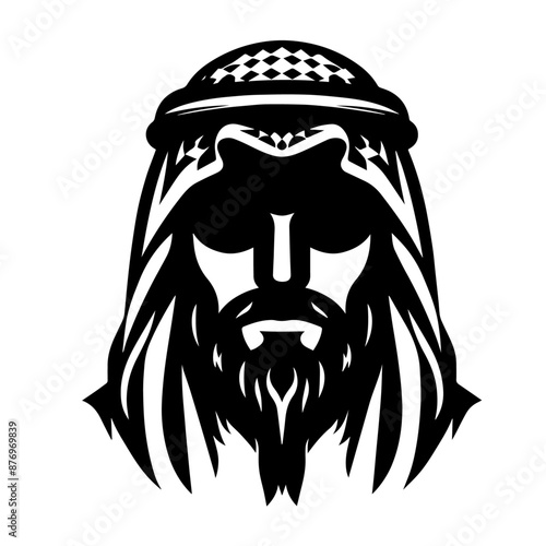 Silhouette vector illustration of a figure wearing traditional Middle Eastern attire, including a keffiyeh (headscarf) and an agal (headband). The design is simple and monochromatic, highlighting the 