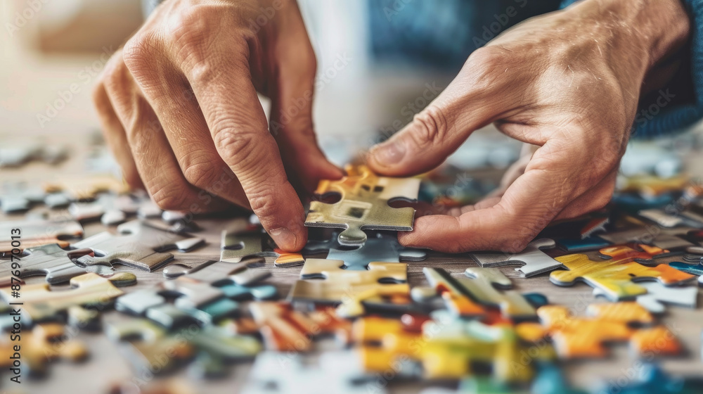 A person putting together a puzzle with their hands. A person putting together a puzzle with their hands.