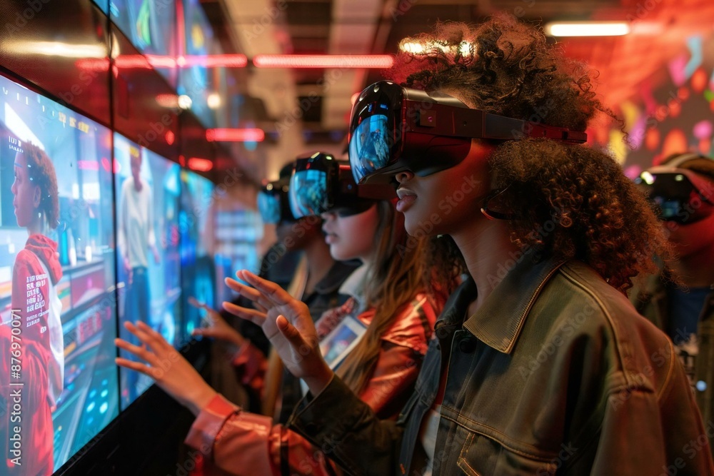 group of young professionals interacting with holographic screens in a futuristic office space. group of young professionals interacting with holographic screens in a futuristic office space.