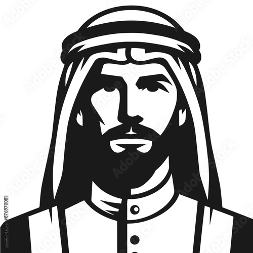 Silhouette vector illustration of a figure wearing traditional Middle Eastern attire, including a keffiyeh (headscarf) and an agal (headband). The design is simple and monochromatic, highlighting the 