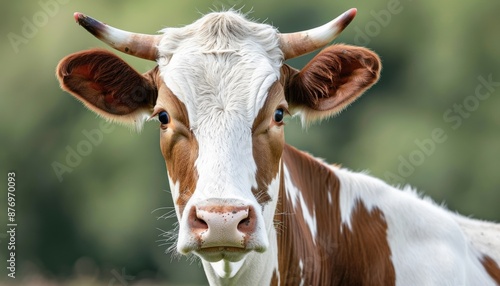 A cow looking at the camera with a blurred background. photo