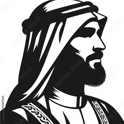 Silhouette vector illustration of a figure wearing traditional Middle Eastern attire, including a keffiyeh (headscarf) and an agal (headband). The design is simple and monochromatic, highlighting the 