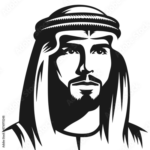 Silhouette vector illustration of a figure wearing traditional Middle Eastern attire, including a keffiyeh (headscarf) and an agal (headband). The design is simple and monochromatic, highlighting the 