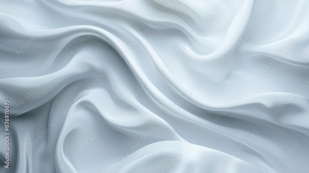 Close-up of a white, satin-like fabric with a smooth, glossy texture, displaying a series of fluid, undulating folds and creases that create a sense of softness and depth