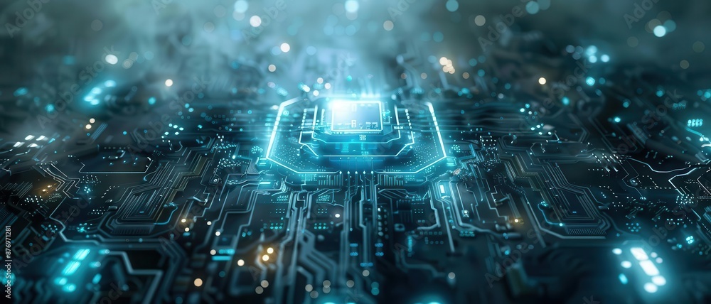 A medium shot of a futuristic quantum computer with glowing blue and white circuits A medium shot of a futuristic quantum computer with glowing blue and white circuits