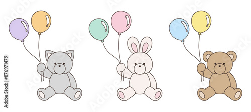 風船を持ったかわいいくまとうさぎとねこのぬいぐるみのベクターイラストセット　アイコン　バルーン　動物