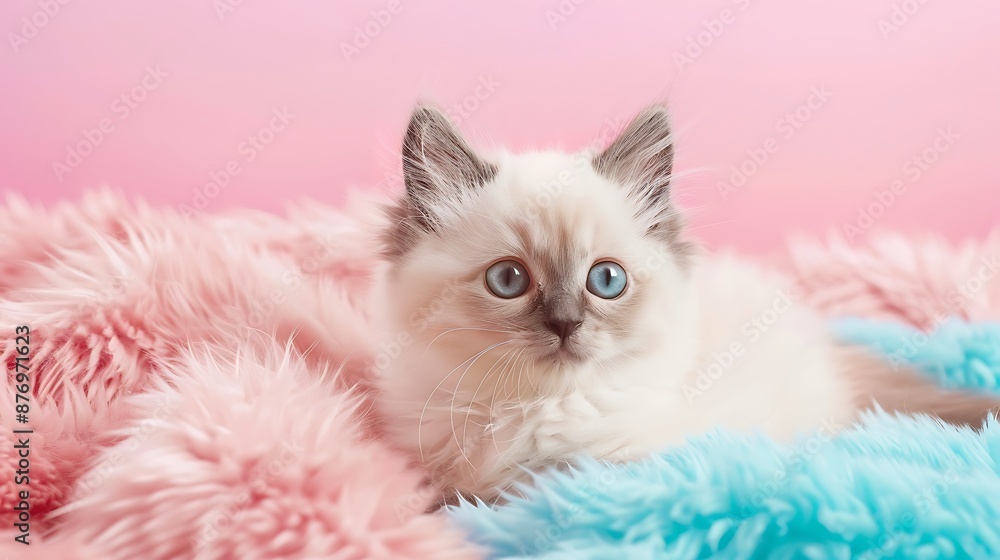 A cute ragdoll kitten on a pink fluffy blanket isolated on pink and blue background A cute ragdoll kitten on a pink fluffy blanket isolated on pink and blue background