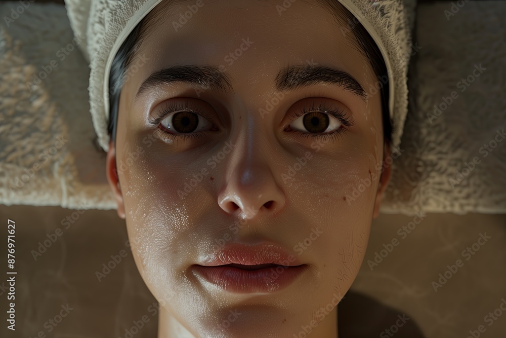 Young woman with dark hair wearing a towel on her head laying on a spa massage table. Skin care. No makeup. Facial treatment. Anti-aging procedure. Moisturizing. Cosmetology. A beauty salon visitor Young woman with dark hair wearing a towel on her head laying on a spa massage table. Skin care. No makeup. Facial treatment. Anti-aging procedure. Moisturizing. Cosmetology. A beauty salon visitor