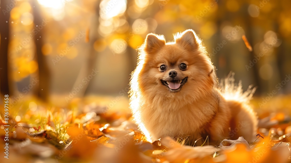 Obraz premium A cute smiling Pomeranian spitz in fall forest on sunny day