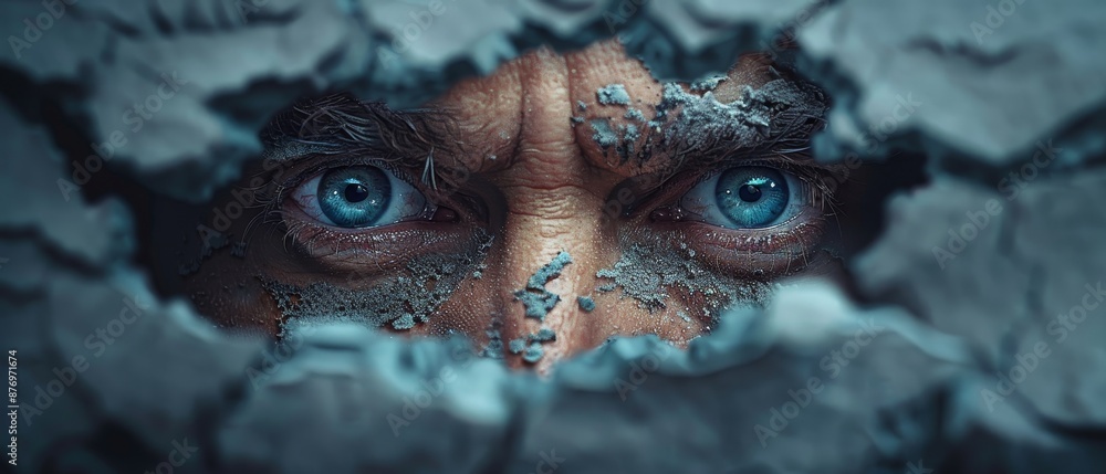 A man with blue eyes is looking out of a hole in a wall A man with blue eyes is looking out of a hole in a wall
