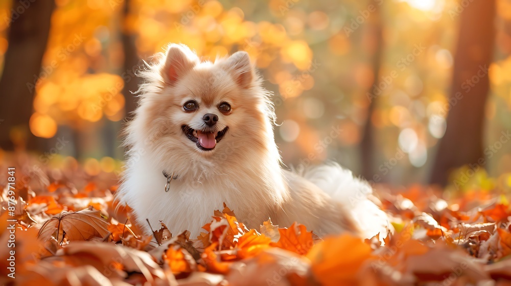 Fototapeta premium A cute smiling Pomeranian spitz in fall forest on sunny day