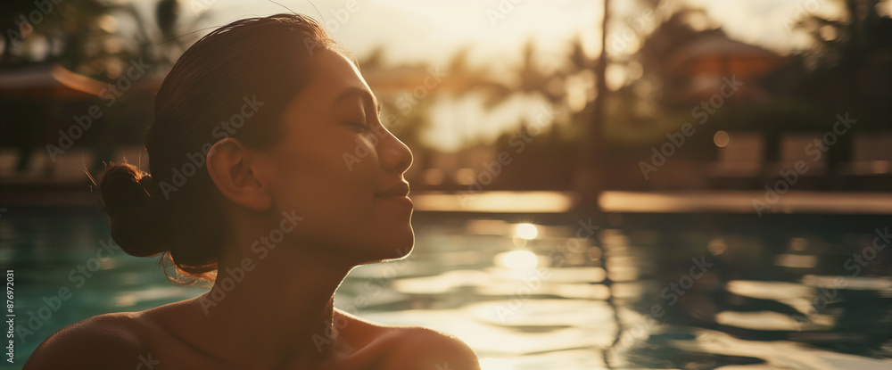Beautiful Asian woman relaxing in luxury tropical resort pool Beautiful Asian woman relaxing in luxury tropical resort pool