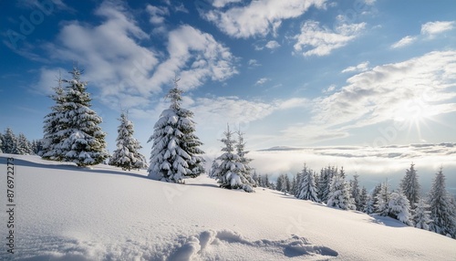 winter landscape with beautiful sky on a sunny day view at the field with tress on the hill covered with snow in winter christmas background