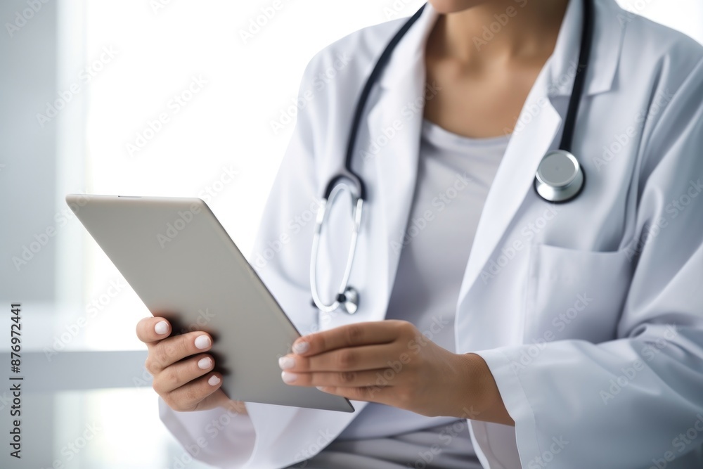 Female doctor sitting on sofa using tablet computer stethoscope electronics. Female doctor sitting on sofa using tablet computer stethoscope electronics.
