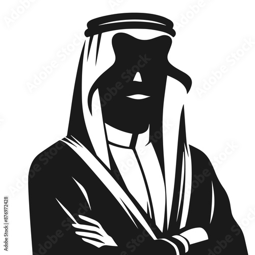 Silhouette vector illustration of a figure wearing traditional Middle Eastern attire, including a keffiyeh (headscarf) and an agal (headband). The design is simple and monochromatic, highlighting the 