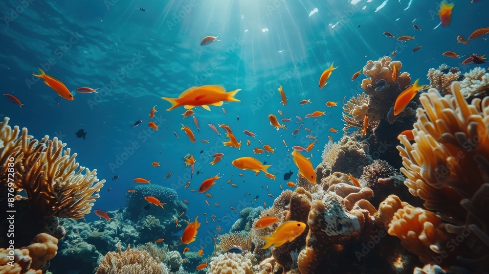 Fototapeta premium Vibrant Coral Reef with Sunbeams and Fish