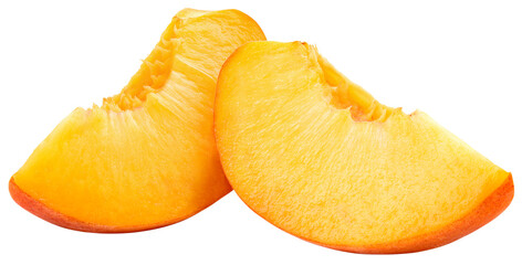 Peach slice isolated png. Peach slices on transparent background. PNG format. Cut peach no background. Full depth of field.