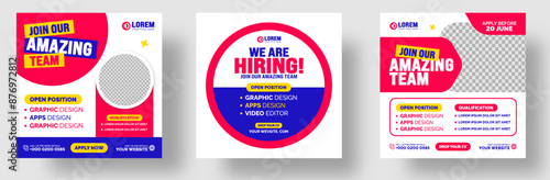 join our amazing team We are hiring job opportunity or Job recruitment social media post Square web banner with blue and pink color. We are hiring job vacancy social media post banner template set.