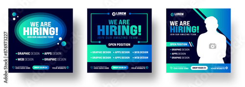 join our amazing team We are hiring job opportunity or Job recruitment social media post Square web banner with blue and black color. We are hiring job vacancy social media post banner template set.