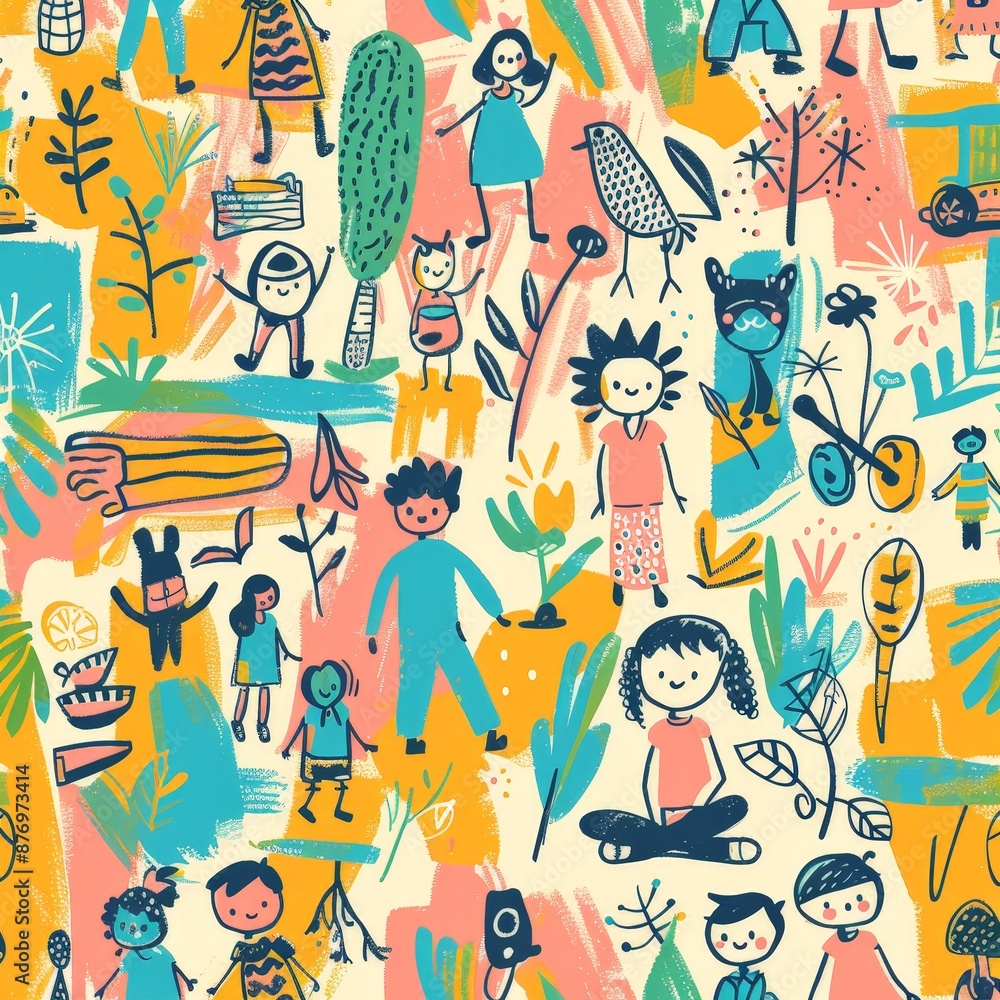 Fototapeta premium Whimsical Children Activities in Colorful Illustration