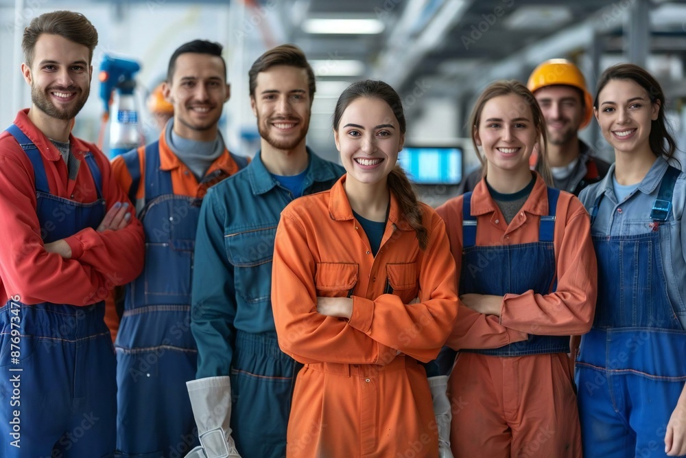 vibrant group of beautiful male and female janitors, equipped with AI-powered cleaning robots, holographic screens, and advanced cleaning devices, smiling and standing together vibrant group of beautiful male and female janitors, equipped with AI-powered cleaning robots, holographic screens, and advanced cleaning devices, smiling and standing together