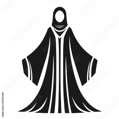 Silhouette vector illustration of a figure wearing traditional Islamic attire, including a hijab and a flowing garment with wide sleeves. The design is simple and monochromatic, emphasizing the modest