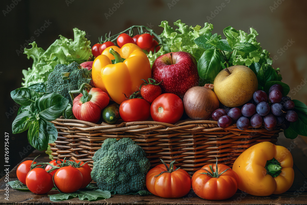 Still life of a fruit and vegetable basket on a rustic dark wooden table, with soft natural lighting, Still life of a fruit and vegetable basket on a rustic dark wooden table, with soft natural lighting,