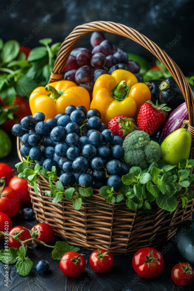 An artistic composition of a wicker basket with assorted fresh produce on a dark wooden surface, An artistic composition of a wicker basket with assorted fresh produce on a dark wooden surface,