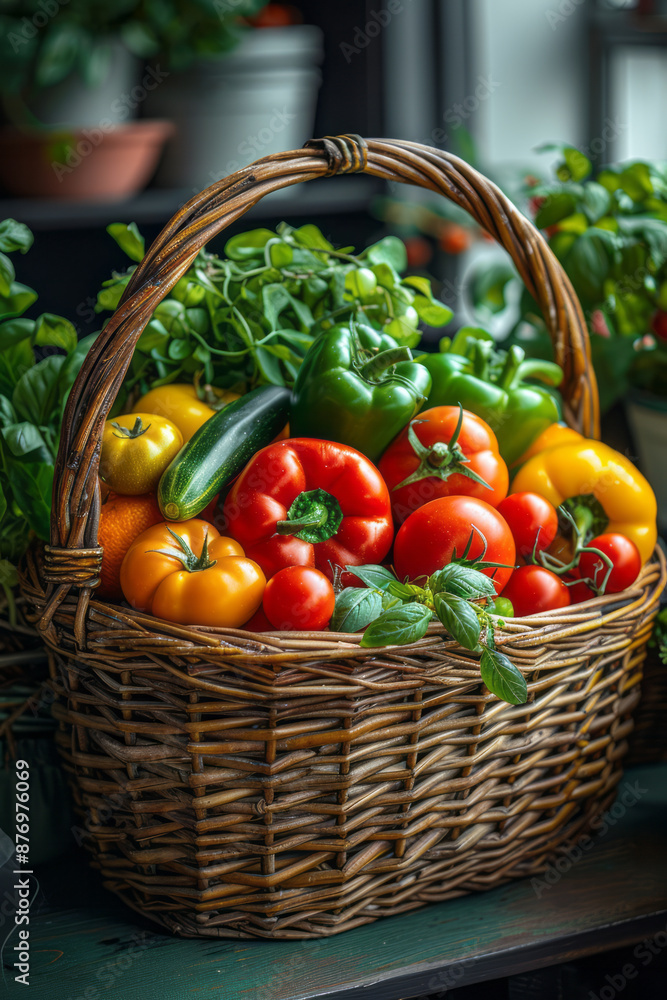 A wicker basket filled with assorted produce on a dark wooden table, with natural light highlighting the textures, A wicker basket filled with assorted produce on a dark wooden table, with natural light highlighting the textures,