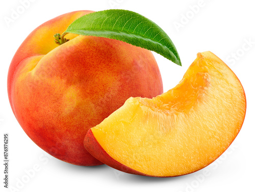 Peach isolated png. Peach with a slice on transparent background. PNG format. Peaches with leaf no background. Full depth of field.