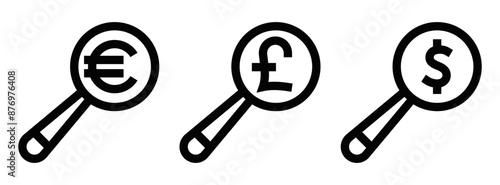 Vector icons of Euro, Pound, and Dollar symbols with magnifying glasses, representing currency analysis and financial examination. Editable stroke.