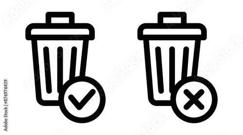 Vector icons of a trash bin with checkmark and cross symbols, representing waste management, approval, and rejection. Editable stroke.