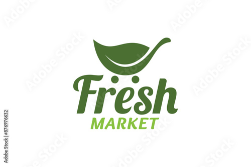 fresh market logo with a combination of leaves and shopping trolley for fresh food store, market, etc.