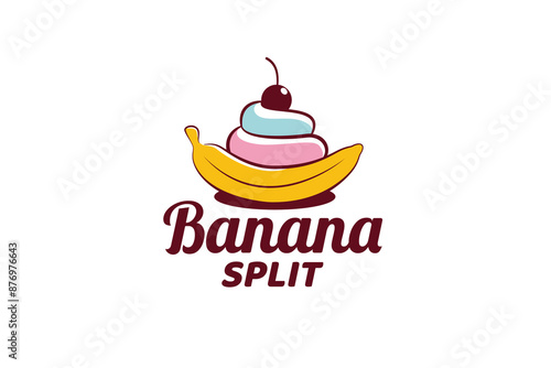 banana split logo with a combination of banana, ice cream and cherry for cafes, restaurants, food trucks, etc.