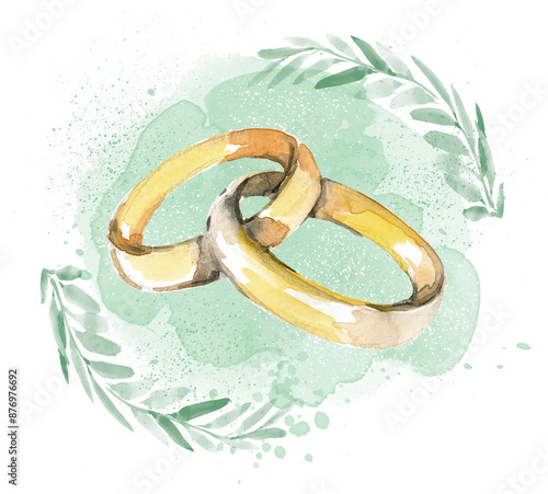 Gold rings for weddings, engagements on a green background. Rings, jewelry on a background with leaves, watercolor spots. Wedding accessories in sketch style