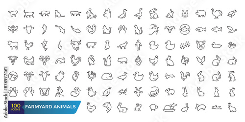 Farmyard Animals Icon set. Collection and pack of linear web and ui icons. Editable stroke. Vector illustration.