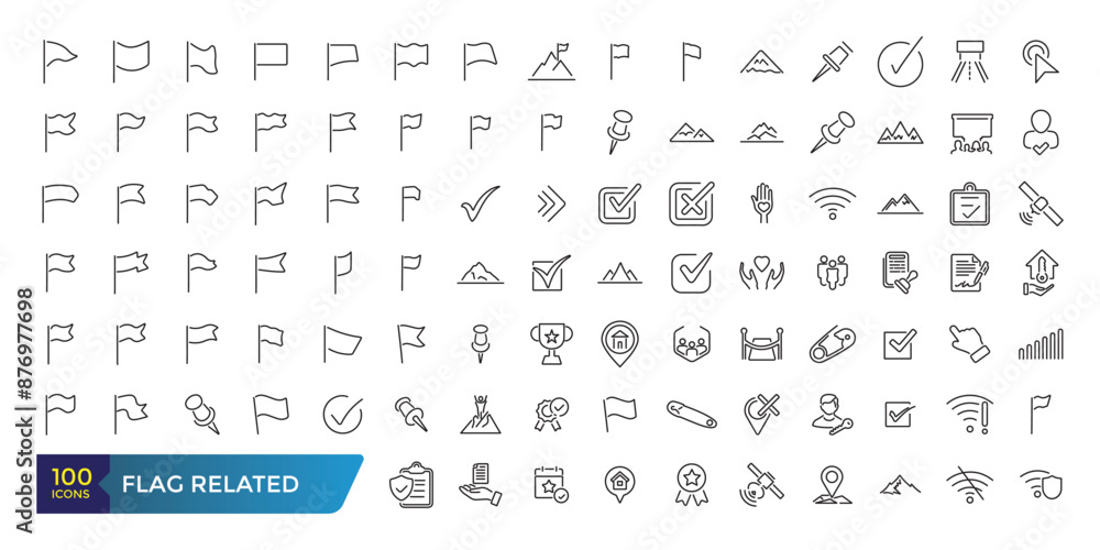 Flag Related line icons. Contains such Icons as Achievement, Victory, Map with a Flag and more. Collection and pack of linear web and ui icons. Editable stroke. Vector illustration. Flag Related line icons. Contains such Icons as Achievement, Victory, Map with a Flag and more. Collection and pack of linear web and ui icons. Editable stroke. Vector illustration.