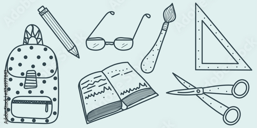 Doodle School supplies set: scissors, glasses, ruler, pencil, paint brush, textbook, school bag. Editable stroke. Vector hand drawn illustration on blue background	