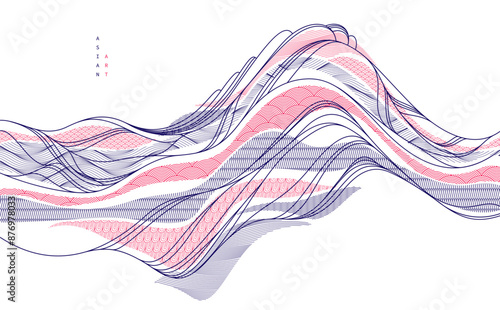 Abstract oriental Japanese art vector background, traditional style design, wavy shapes and mountains terrain landscape, runny like sea lines.