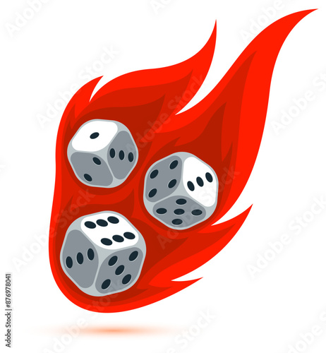 Dice with flames falling vector 3d illustration, gambling games design, board games, realistic cubes fortune luck.