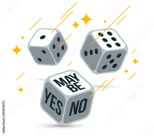 Yes or no or maybe dice rolling chance vector illustration, make a decision and say concept, undecided question idea.