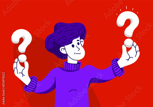 Young man having a doubt and question, vector illustration of a person who is hesitating and thinking about some problem, decide uncertainty.