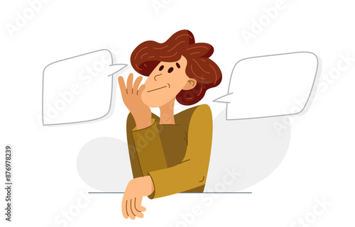Young man choosing between two options, vector illustration of a person with two empty speech bubbles for you to put in your words or images.