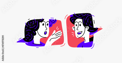 Couple of young people having conversation online via messenger, vector illustration of two people arguing and having communication, debate online speech boxes.