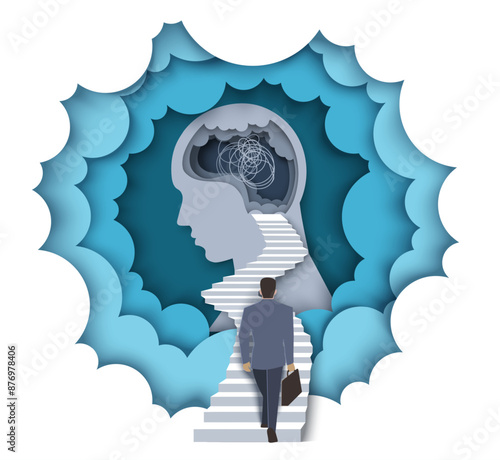 Businessman psychological support, mental health therapy, stress relief and ptsd disorder recovery vector illustration n origami craft papercut style