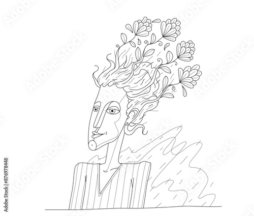 Beautiful minded person, vector illustration of a nice and calm woman with a flowers growing from her head, metaphor of good psychological developed nontoxic person.